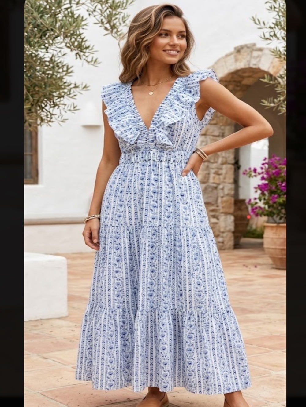 Sleeveless Blue & White Ruffle Maxi Dress